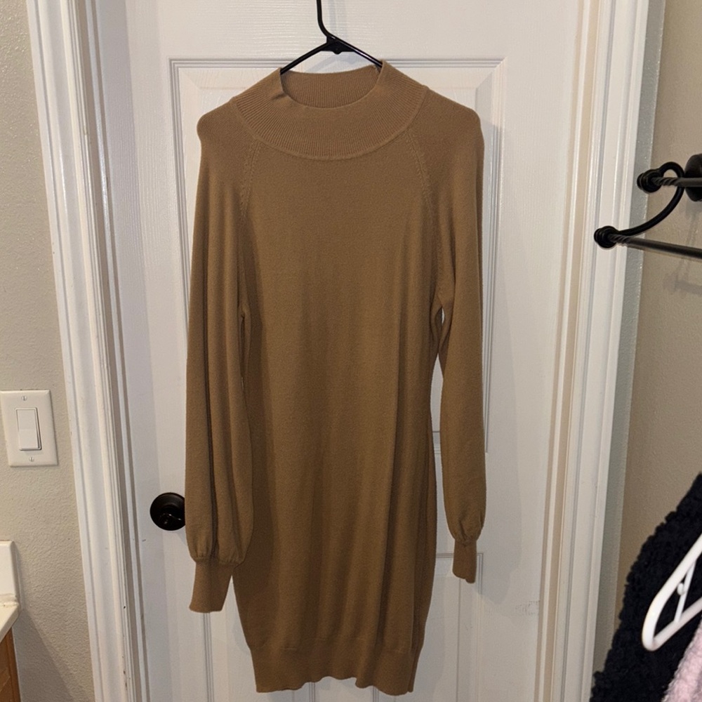 Tan Mock Neck Bishop Sleeve Sweater Dress